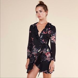 Reformation Black Floral Ruffle Wrap Mini Dress